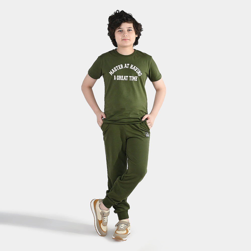 Boys Jersey/Terry 2 Piece Suit A Great Time - Olive Green
