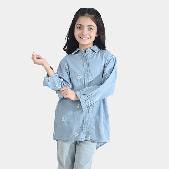 Girls Tencel Denim (Light Denim) Emb Top-Ice Blue