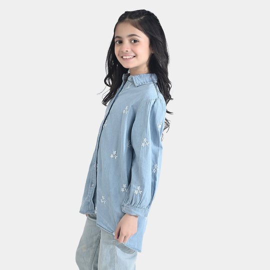 Girls Tencel Denim (Light Denim) Emb Top-Ice Blue