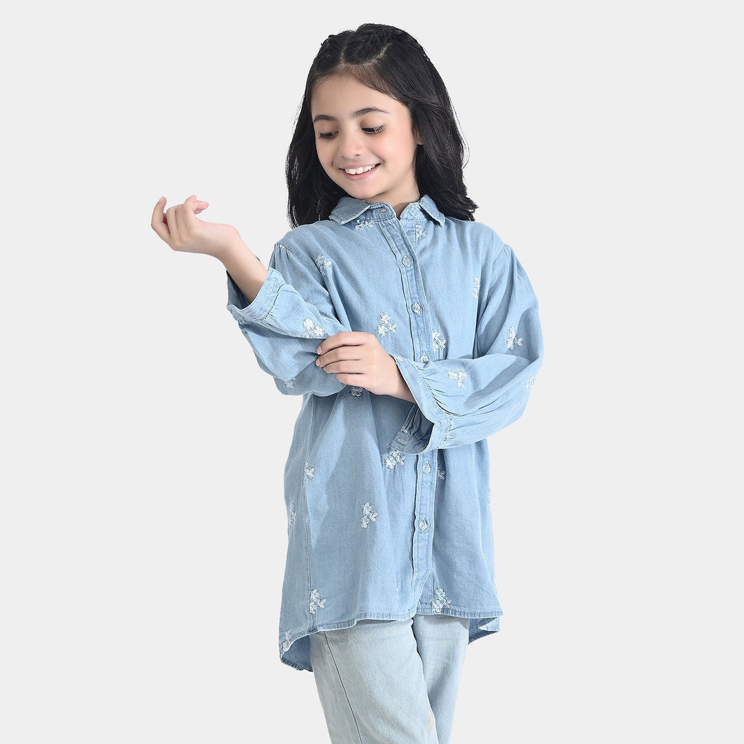 Girls Tencel Denim (Light Denim) Emb Top-Ice Blue