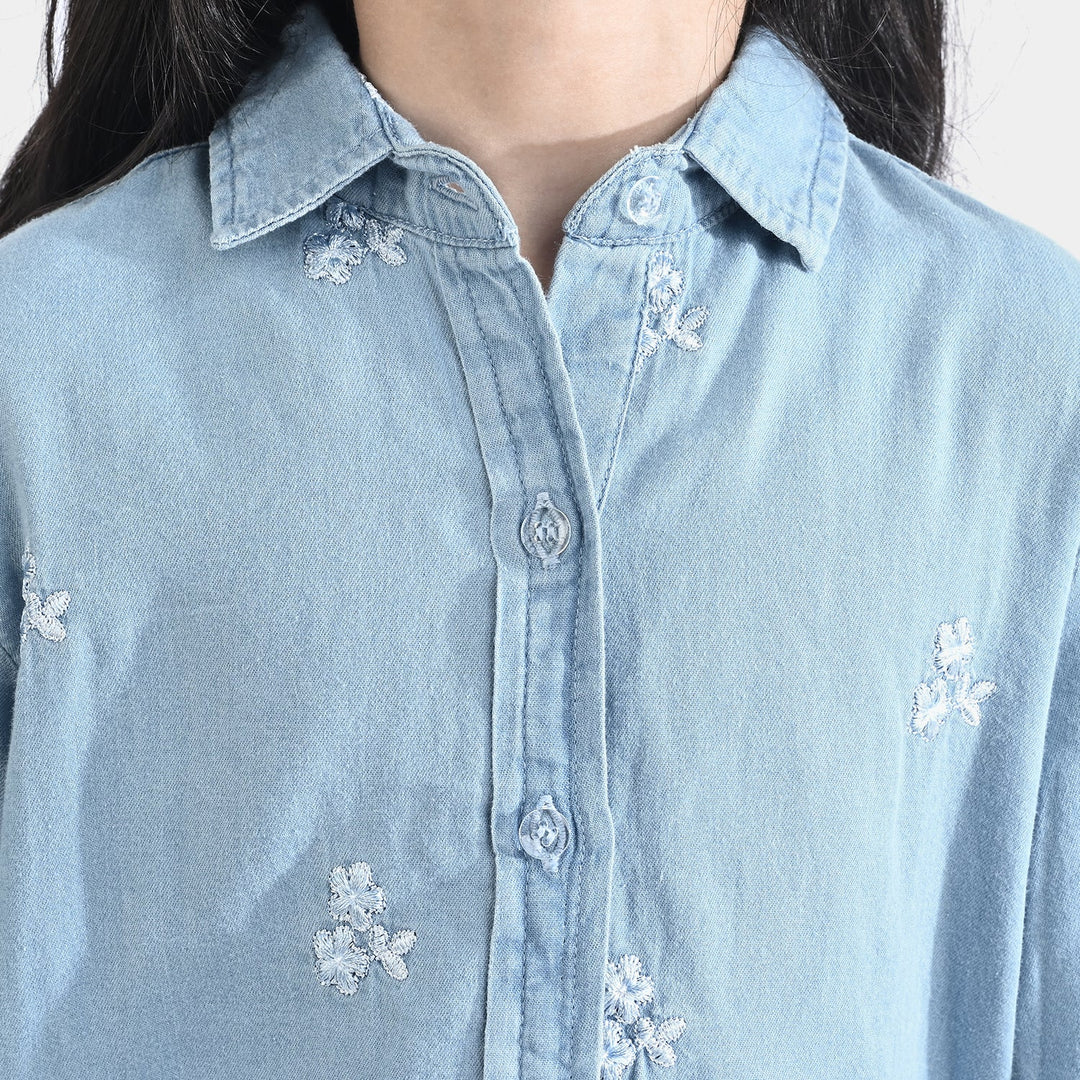 Girls Tencel Denim (Light Denim) Emb Top-Ice Blue