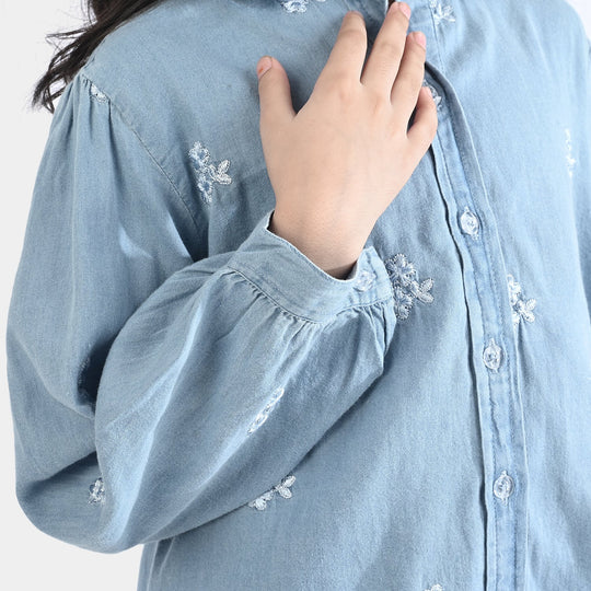Girls Tencel Denim (Light Denim) Emb Top-Ice Blue