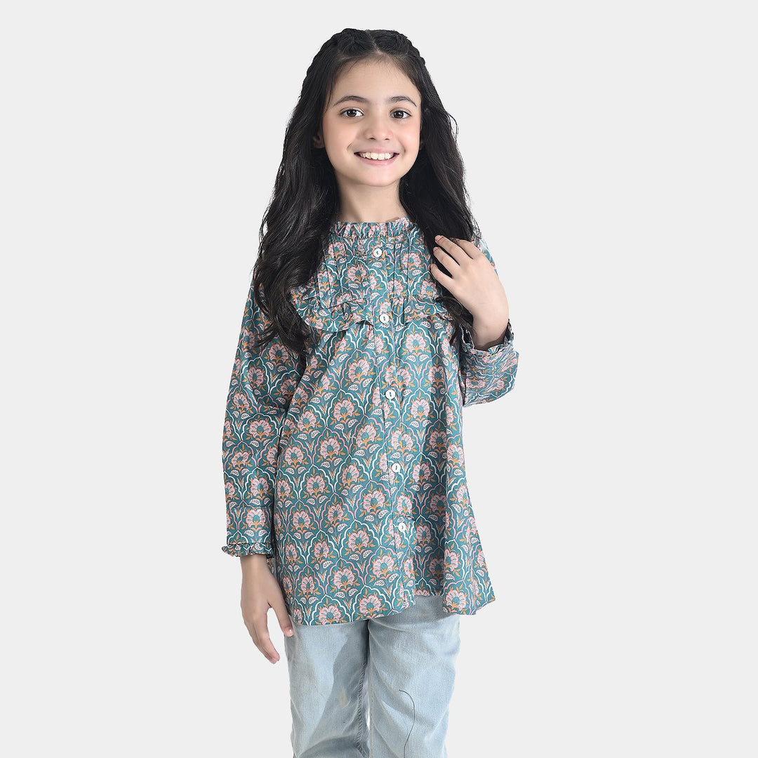 Girls Cotton Poplin Casual Top Teal-Multi