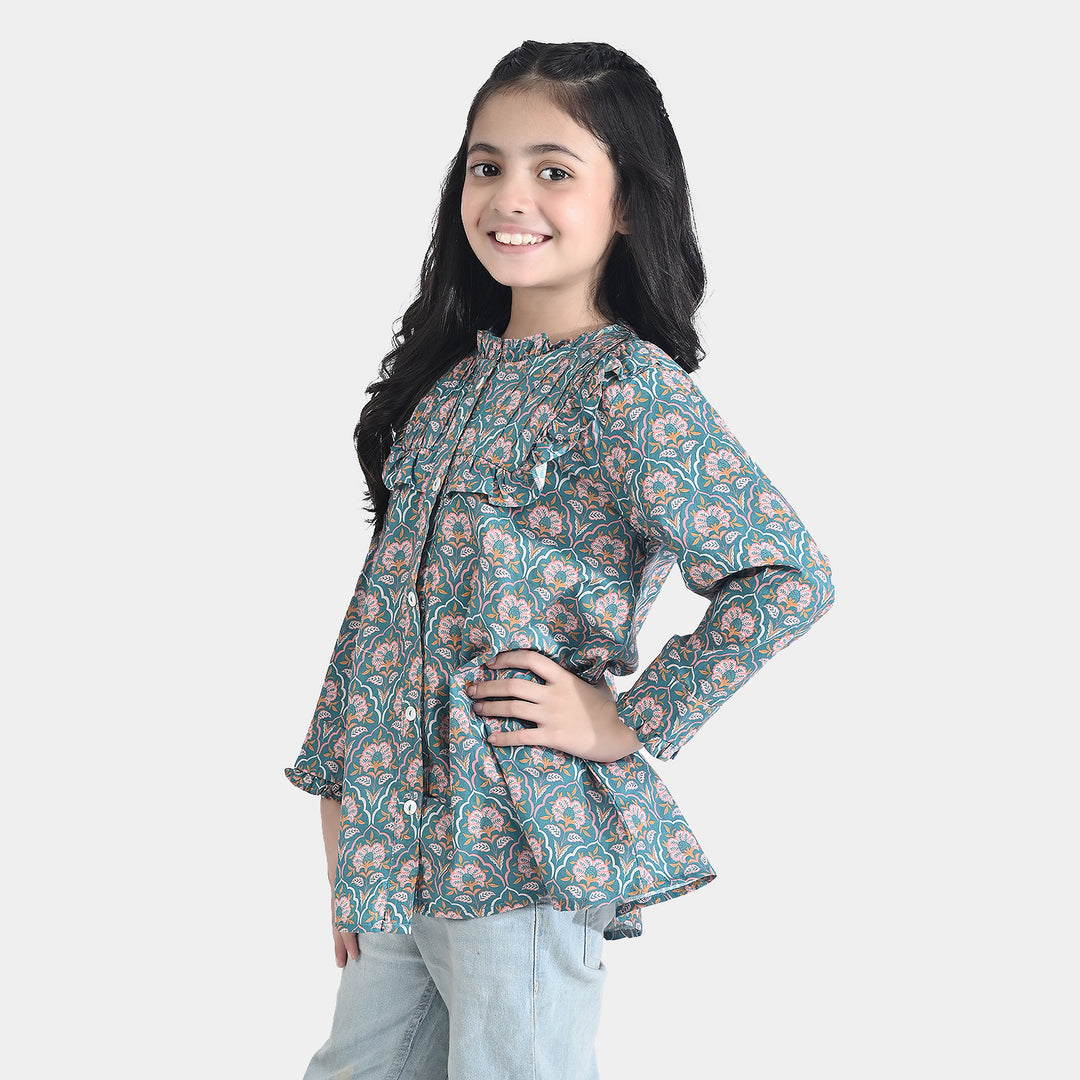 Girls Cotton Poplin Casual Top Teal-Multi