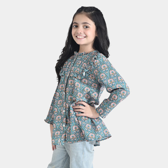 Girls Cotton Poplin Casual Top Teal-Multi