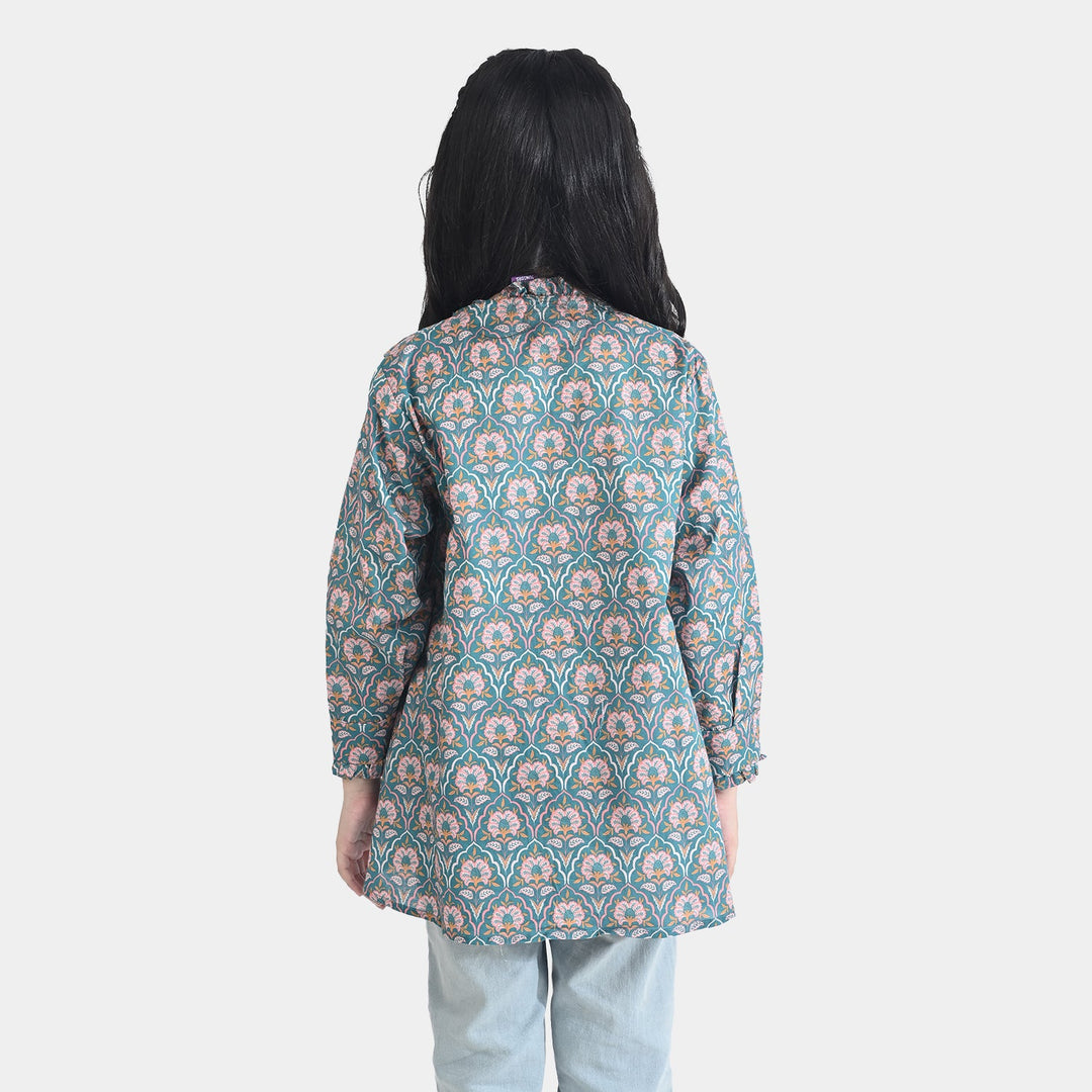 Girls Cotton Poplin Casual Top Teal-Multi