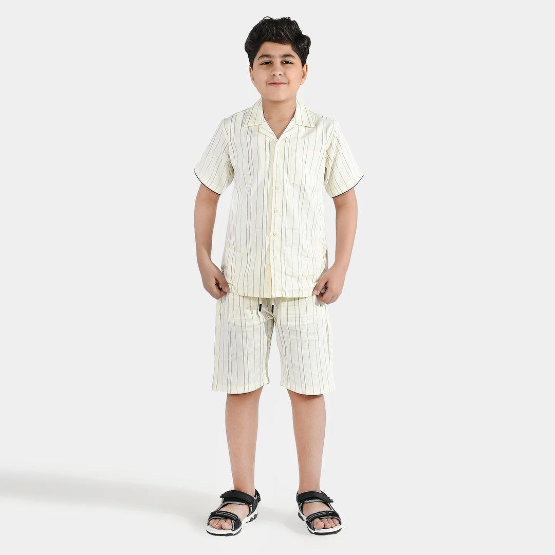 Boys Yarn Dyed Woven Suit 2 Piece (Cuban Stripe) - Off White