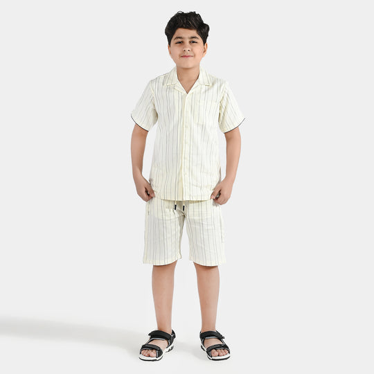 Boys Yarn Dyed Woven Suit 2 Piece (Cuban Stripe) - Off White
