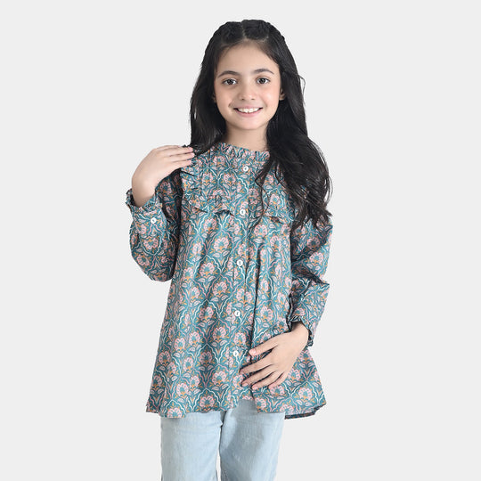 Girls Cotton Poplin Casual Top Teal-Multi