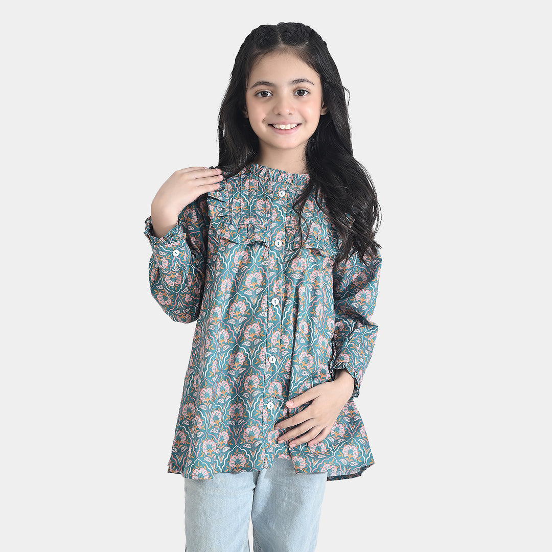 Girls Cotton Poplin Casual Top Teal-Multi
