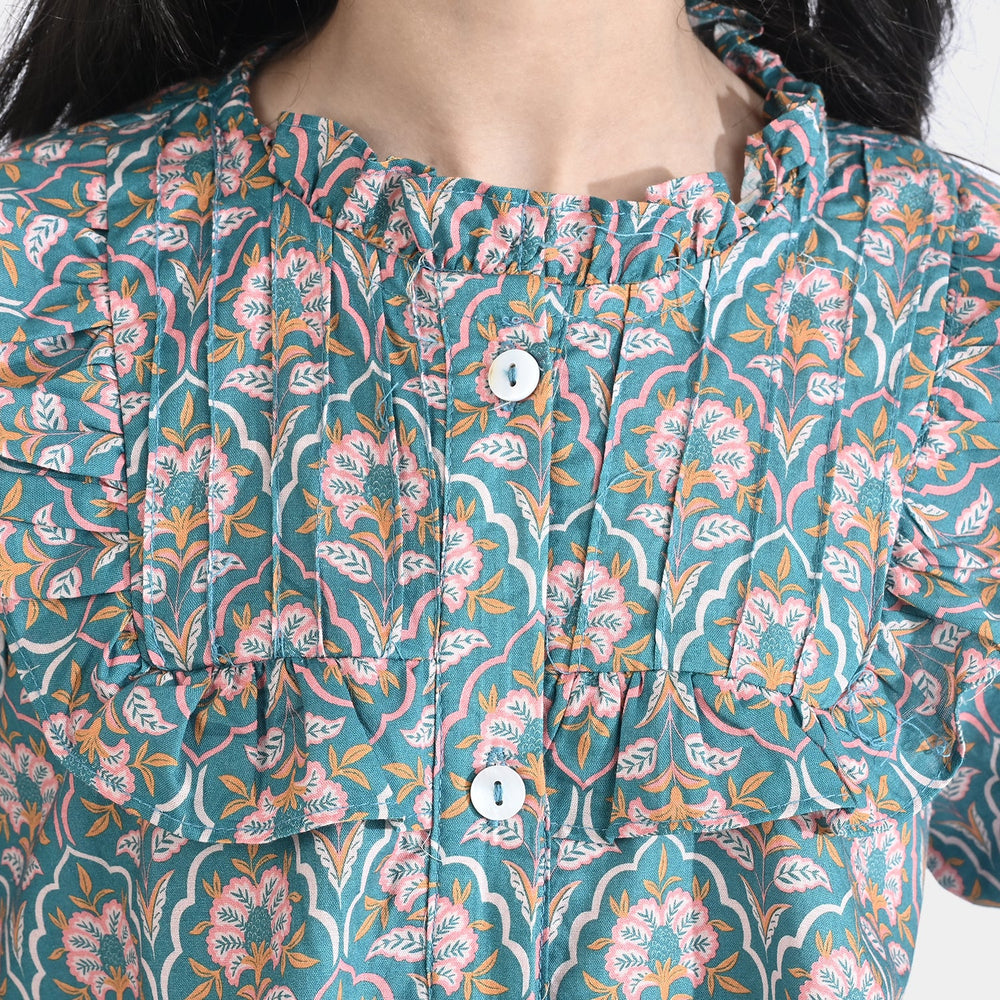 Girls Cotton Poplin Casual Top Teal-Multi