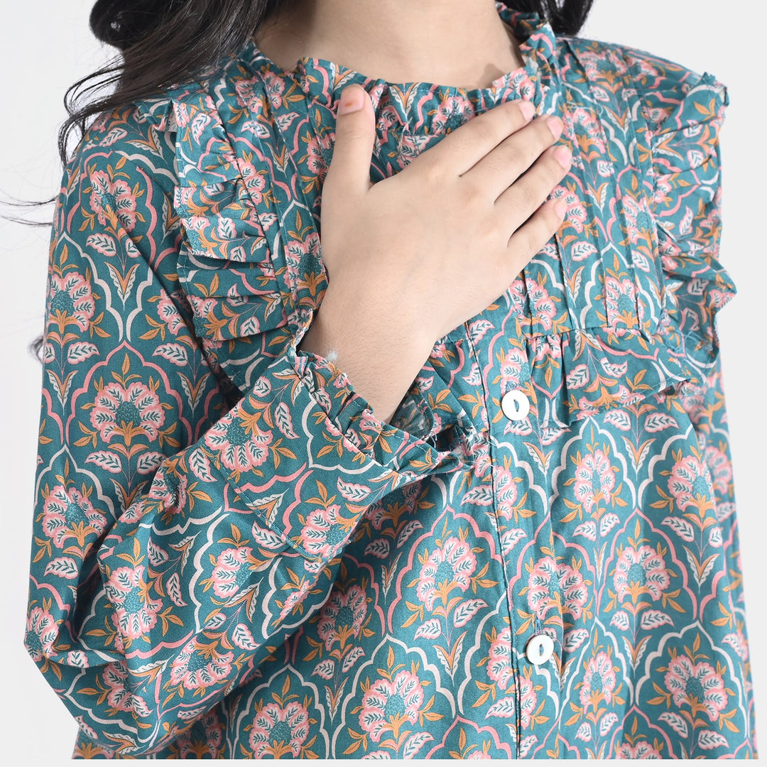 Girls Cotton Poplin Casual Top Teal-Multi