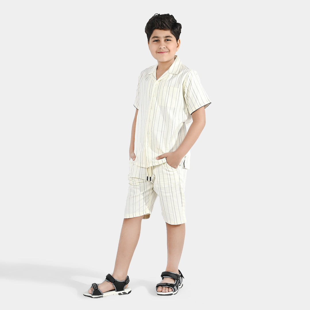 Boys Yarn Dyed Woven Suit 2 Piece (Cuban Stripe) - Off White