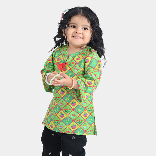Infant Girls Cotton Printed Kurti Kettle And Flowers Ind-Multi