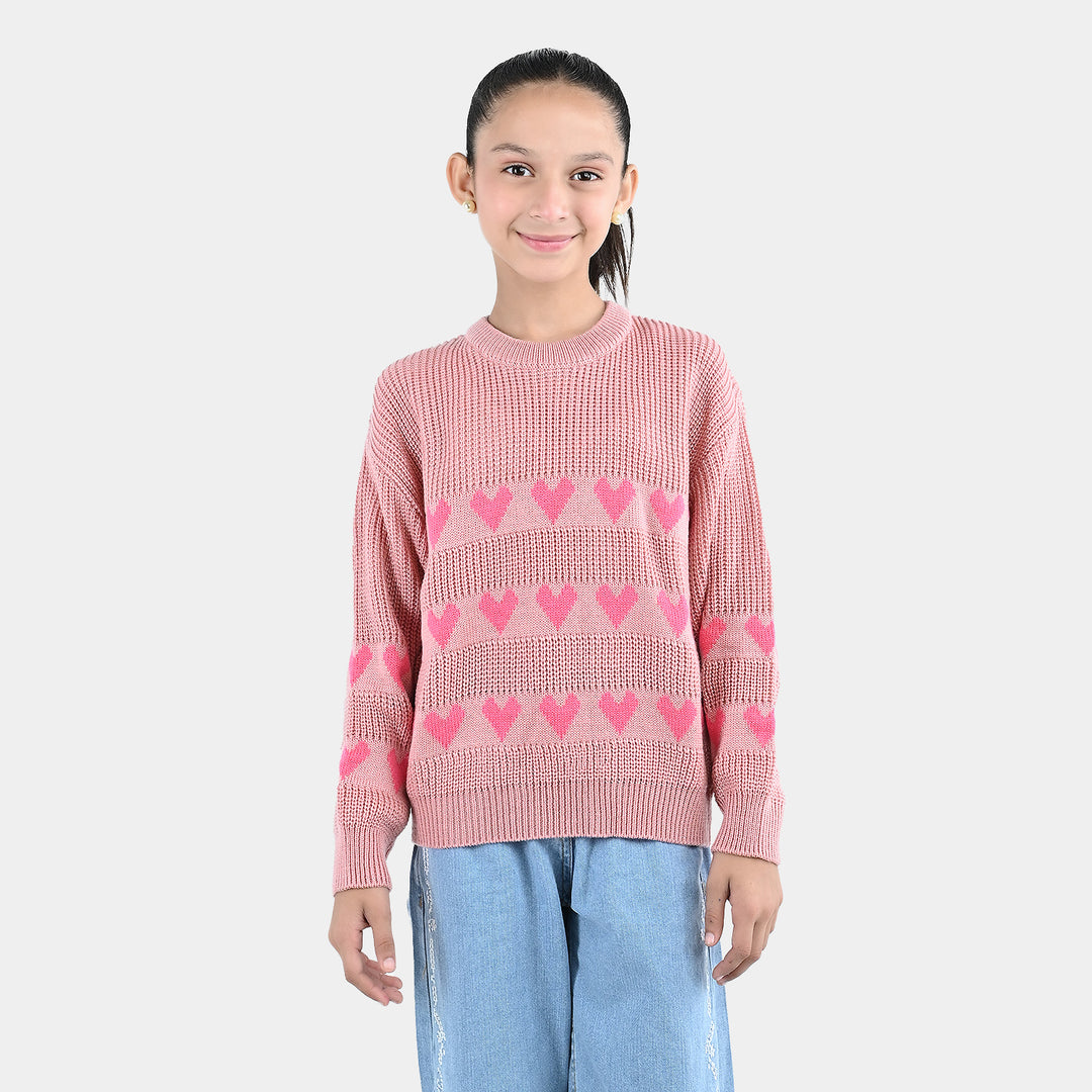 Girls Acrylic F/S  Sweater All Hearts-Pink