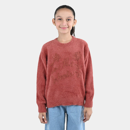 Girls Feather-Acrylic Sweater In The Woods- Brown