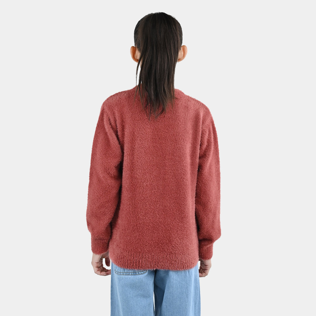 Girls Feather-Acrylic Sweater In The Woods- Brown