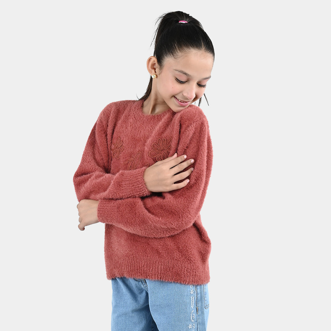 Girls Feather-Acrylic Sweater In The Woods- Brown