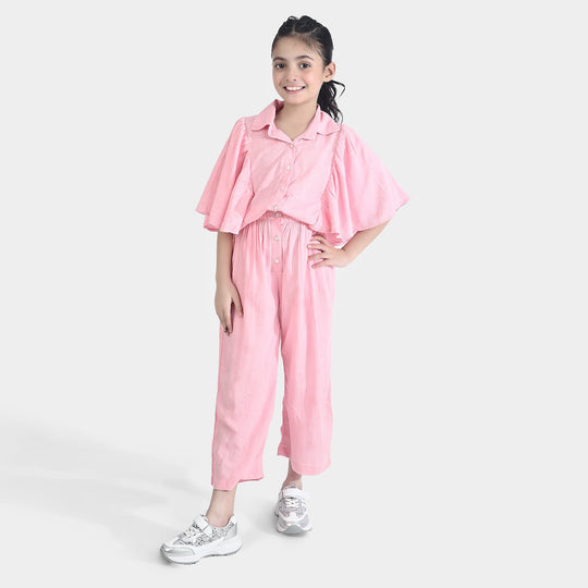 Girls Poly Cotton Jumpsuit Jacquard Hearts-Pink