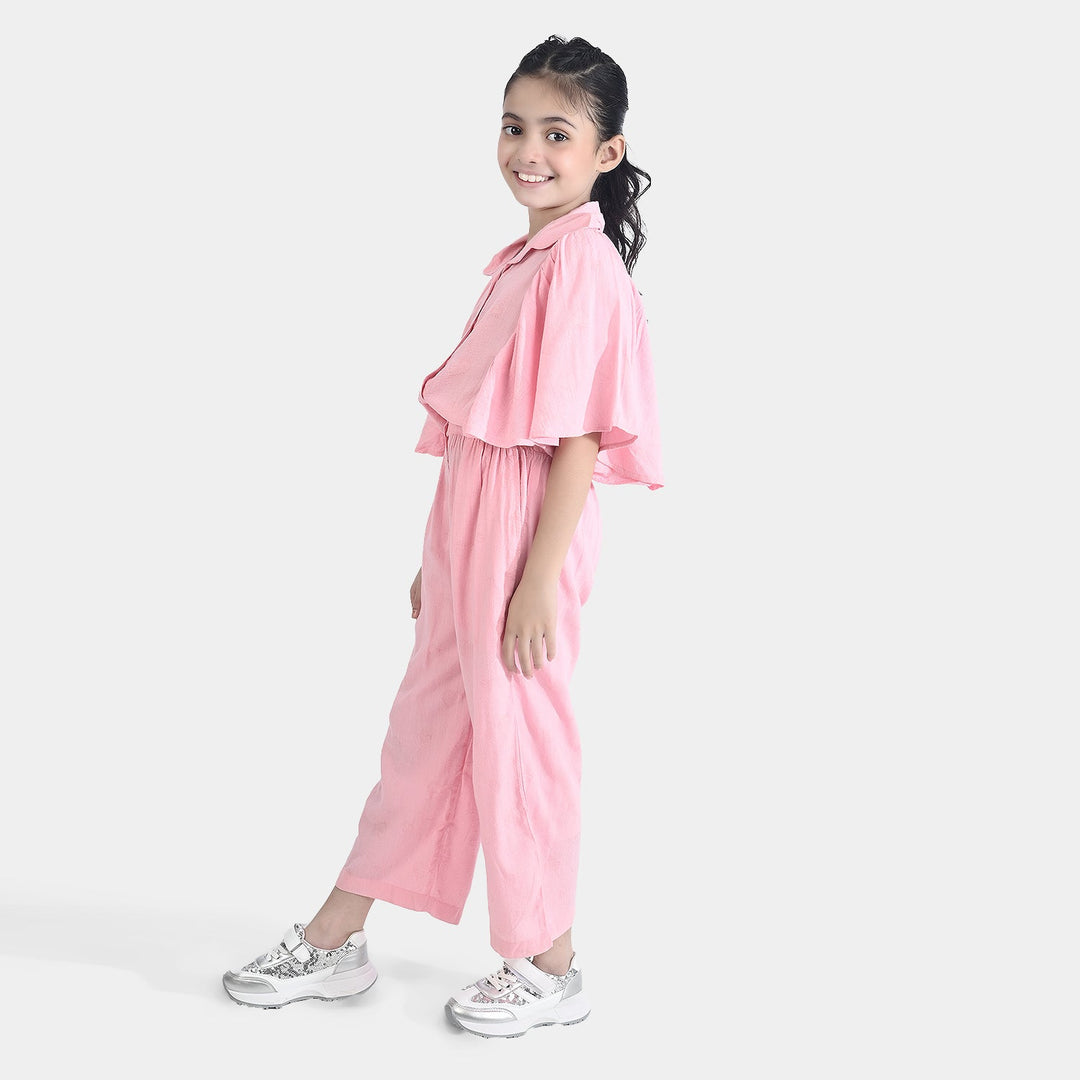 Girls Poly Cotton Jumpsuit Jacquard Hearts-Pink