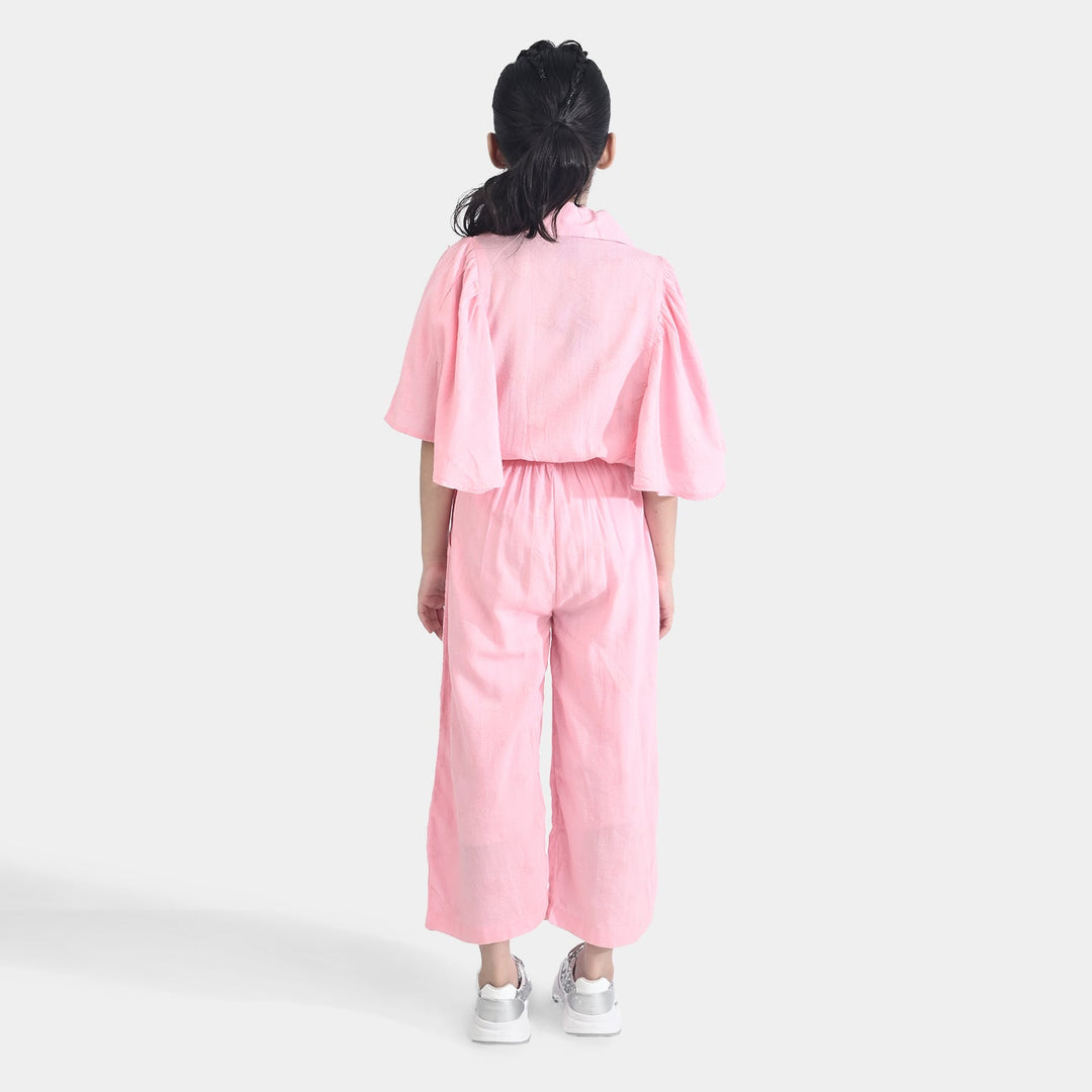 Girls Poly Cotton Jumpsuit Jacquard Hearts-Pink