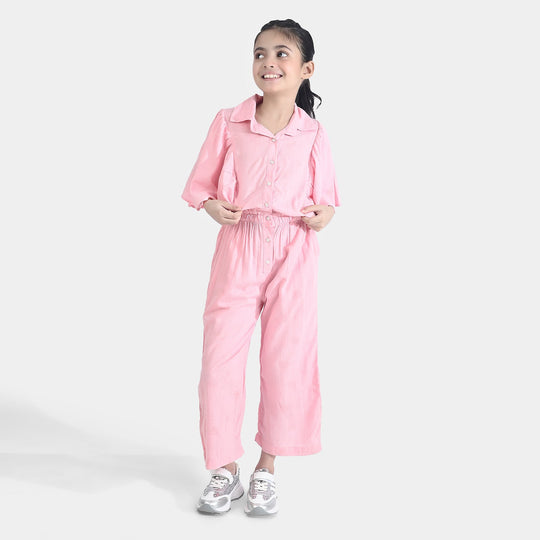 Girls Poly Cotton Jumpsuit Jacquard Hearts-Pink
