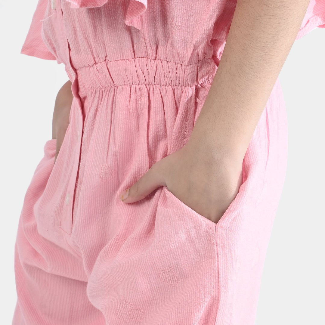 Girls Poly Cotton Jumpsuit Jacquard Hearts-Pink