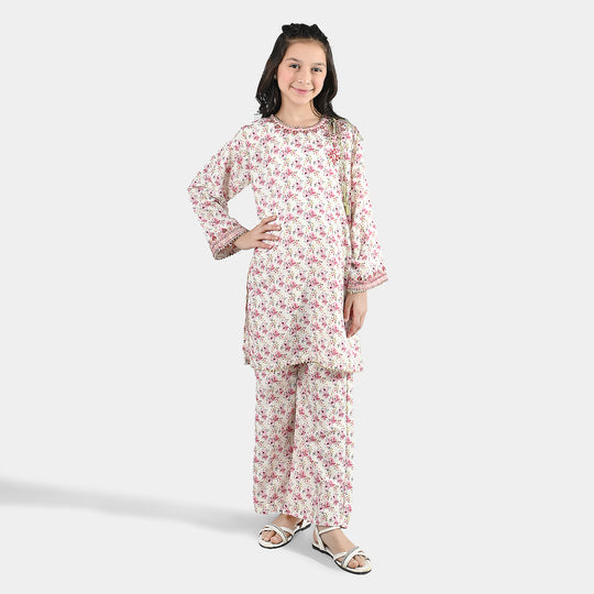 Girls Poly Lawn 2 Piece Suit (Phool) - Peach/Pink