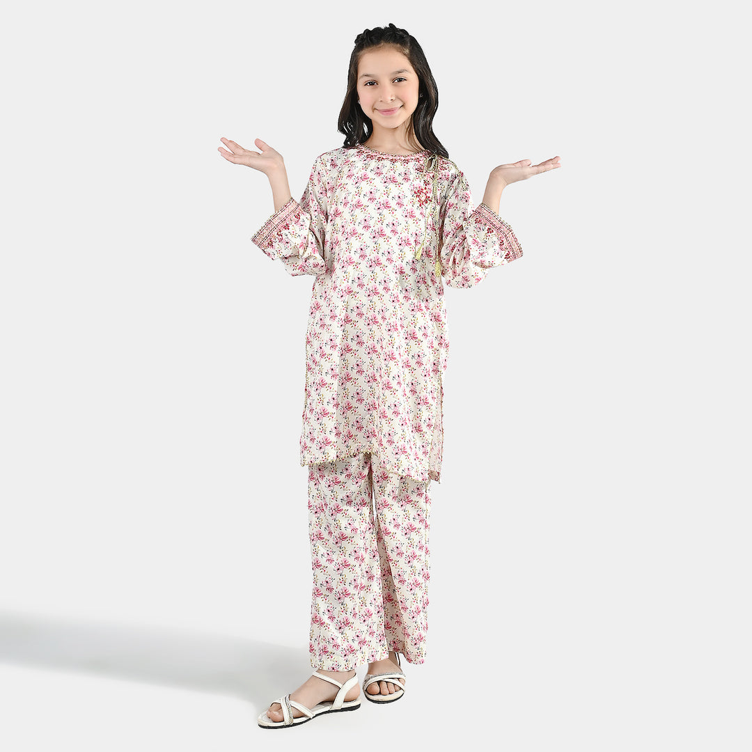 Girls Poly Lawn 2 Piece Suit (Phool) - Peach/Pink