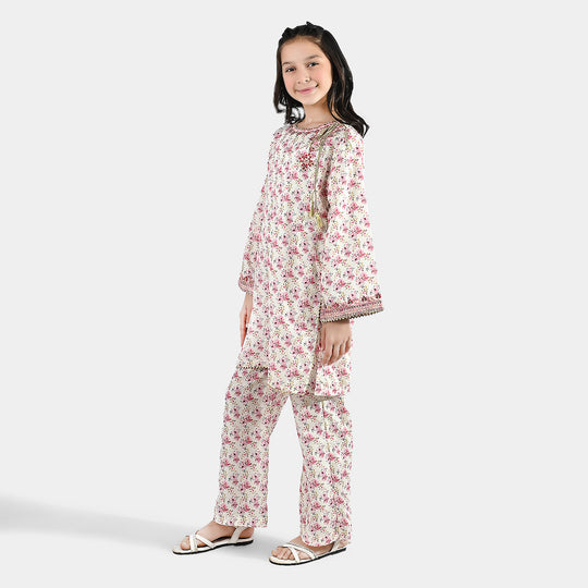 Girls Poly Lawn 2 Piece Suit (Phool) - Peach/Pink