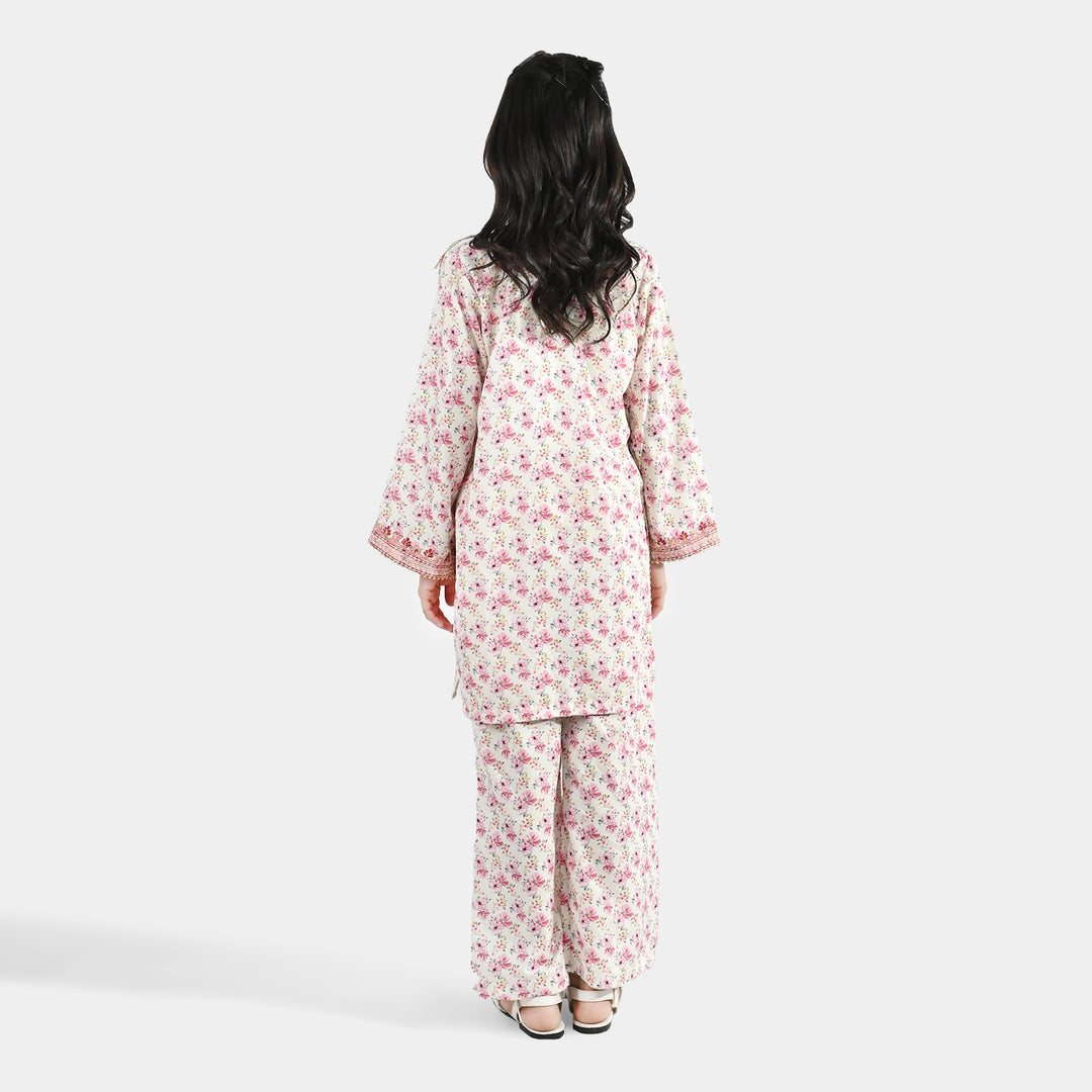 Girls Poly Lawn 2 Piece Suit (Phool) - Peach/Pink