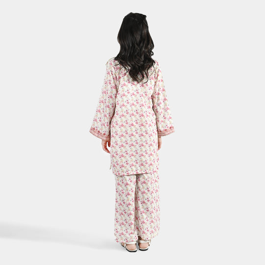 Girls Poly Lawn 2 Piece Suit (Phool) - Peach/Pink