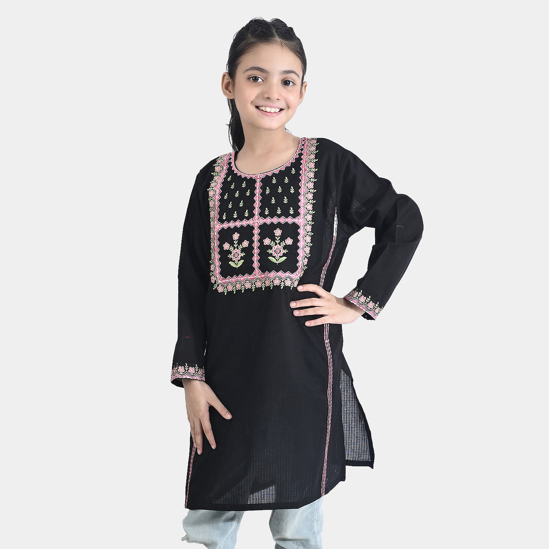 Girls Cotton Emb Kurti-BLACK