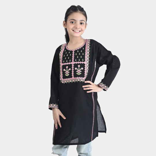 Girls Cotton Emb Kurti-BLACK