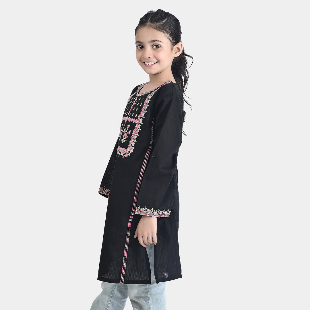 Girls Cotton Emb Kurti-BLACK
