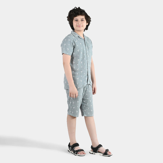Boys Gauze Woven Suit (Palm Trees) - Sea Green