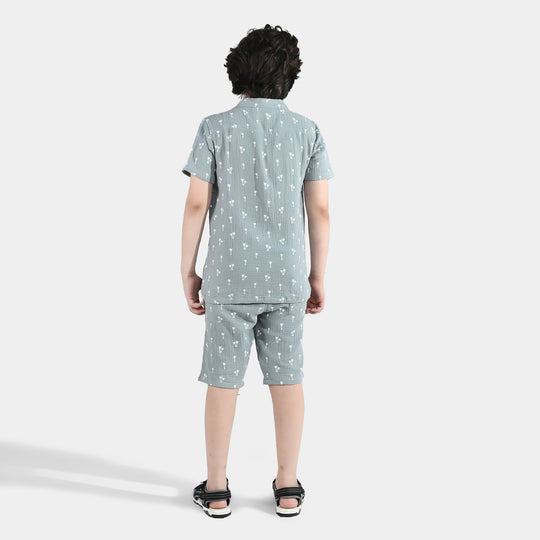 Boys Gauze Woven Suit (Palm Trees) - Sea Green