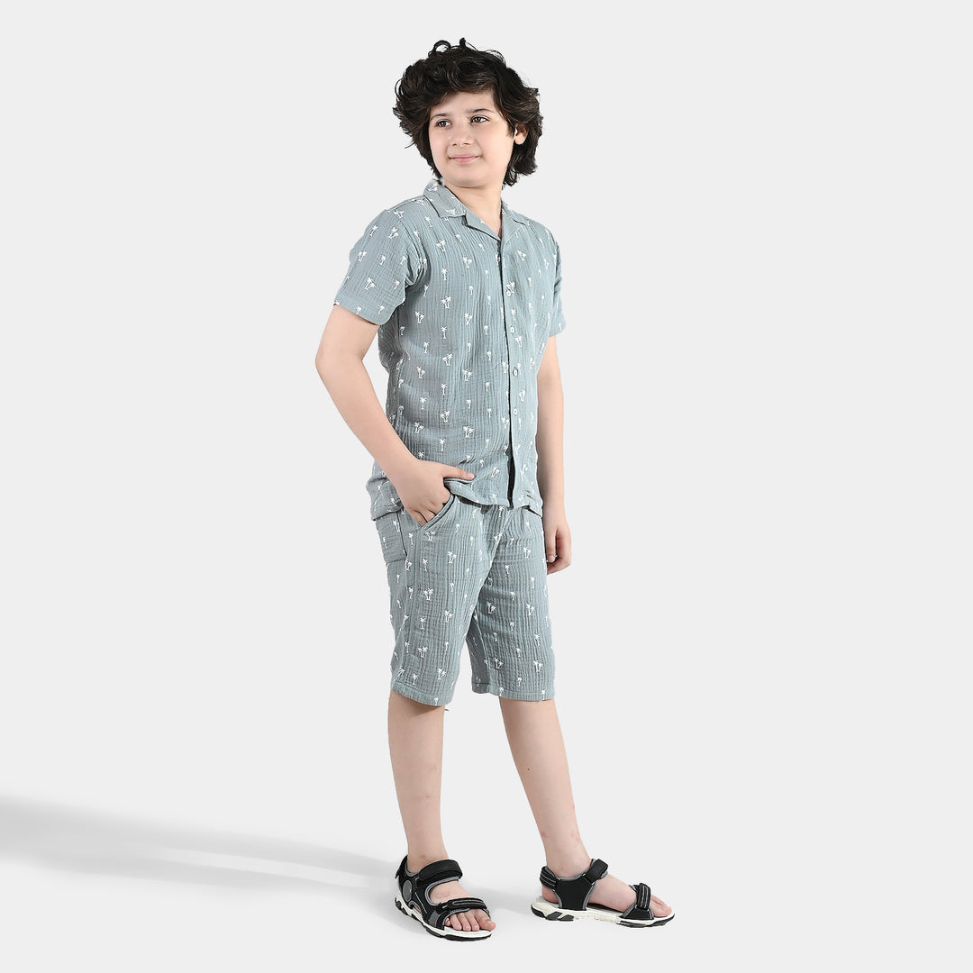 Boys Gauze Woven Suit (Palm Trees) - Sea Green