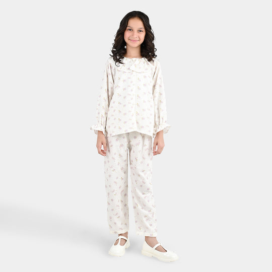 Girls Polyester Co-Ord Set Jasmine - White
