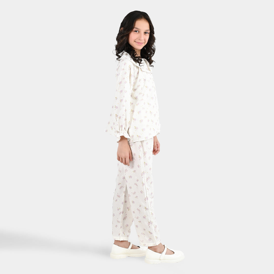 Girls Polyester Co-Ord Set Jasmine - White