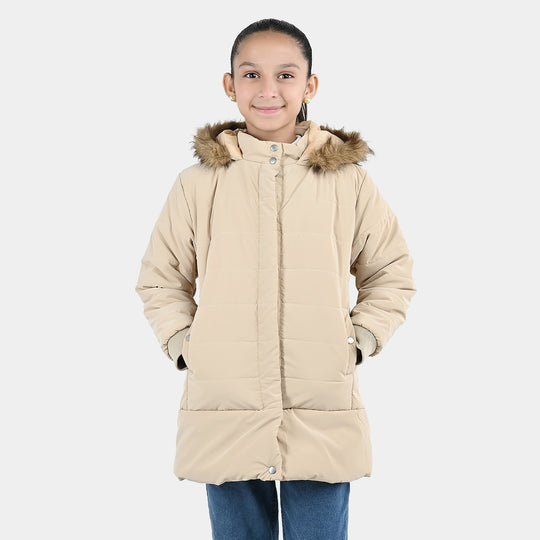 Girls Faux Fur Quilted Jacket-BEIGE
