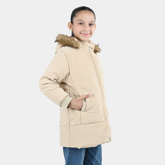 Girls Faux Fur Quilted Jacket-BEIGE