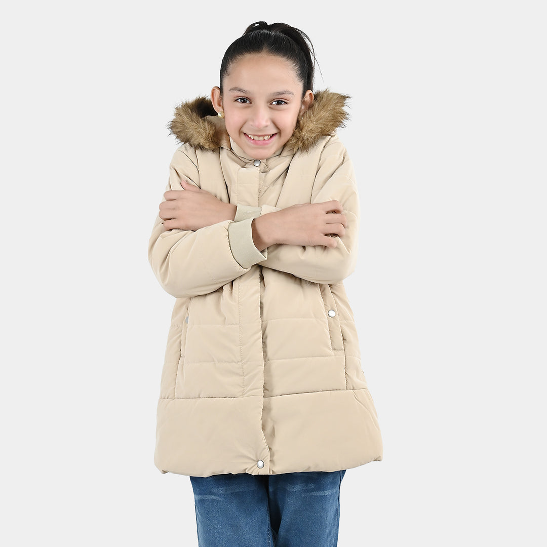 Girls Faux Fur Quilted Jacket-BEIGE