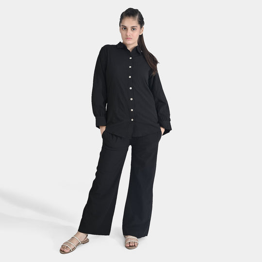 Teens Girls Poly Cotton CO-Ord Set Crinkle-BLACK