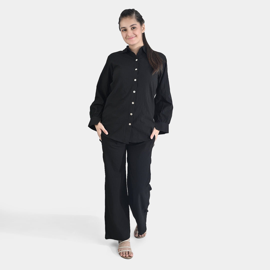 Teens Girls Poly Cotton CO-Ord Set Crinkle-BLACK