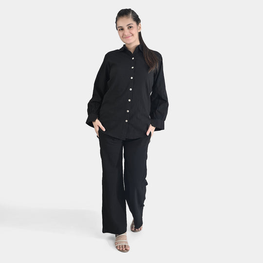 Teens Girls Poly Cotton CO-Ord Set Crinkle-BLACK