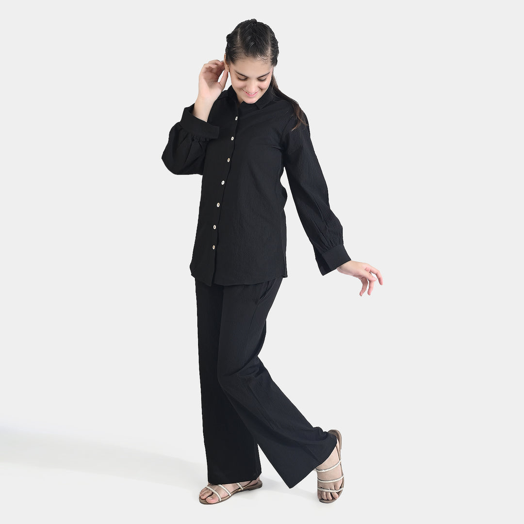 Teens Girls Poly Cotton CO-Ord Set Crinkle-BLACK
