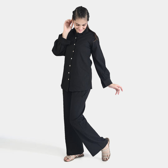 Teens Girls Poly Cotton CO-Ord Set Crinkle-BLACK