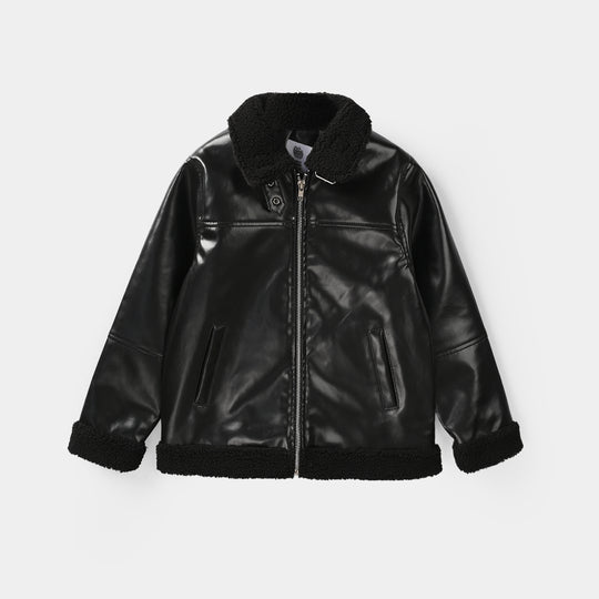 Girls Pu Jacket Sherpa Hem-BLACK