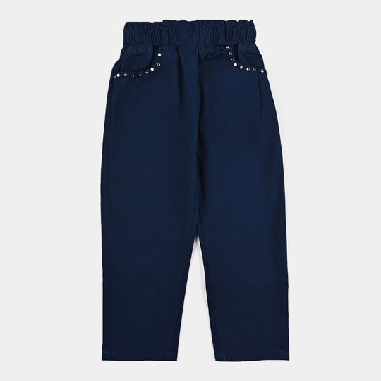 Girls Cotton Twill Pant Pleats & Pearls-Navy Blue